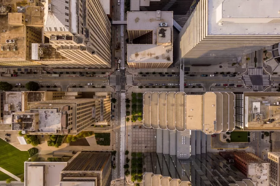 Bird's eye view of high-rise buildings in downtown Oklahoma City, Oklahoma.